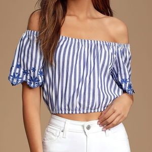 🌿 3/$30 Lulus Braxtyn Blue Striped Off-the-Shoulder Crop Top XS